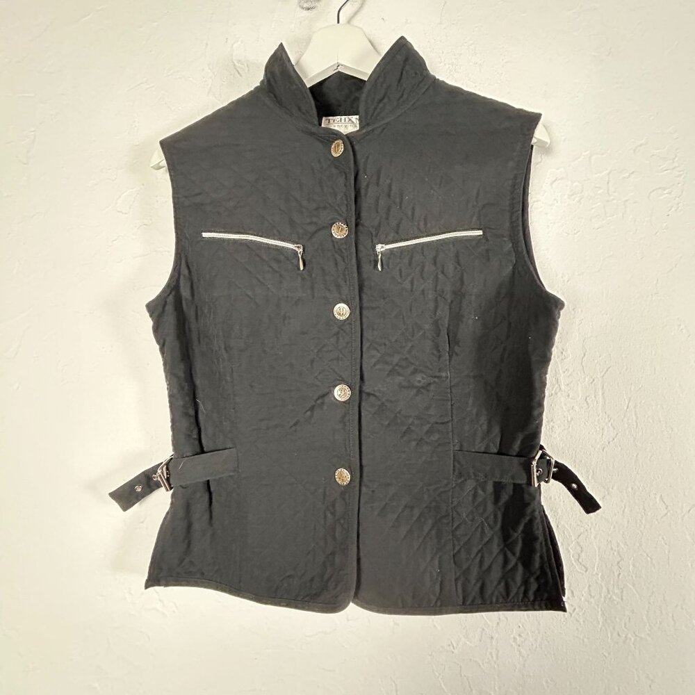 Tehama Nancy Haley Womens Quilted Vest Small Black Zip Pockets Buckle Detail